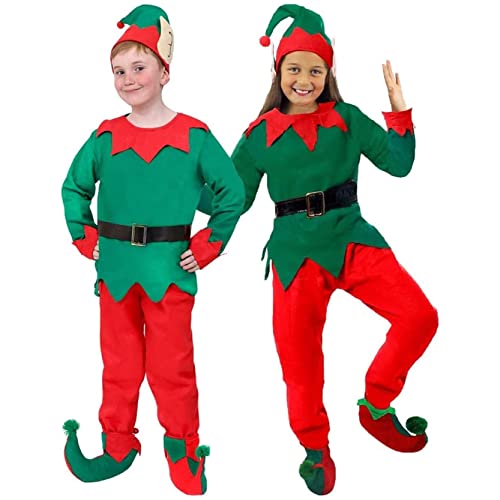 Unisex Kinder Weihnachtswichtel Kostüm - Jungen / Mädchen - grünes und rotes Oberteil - passende Hose, Hut, schwarzer Gürtel und Schuhüberzieher - Größe M von I LOVE FANCY DRESS