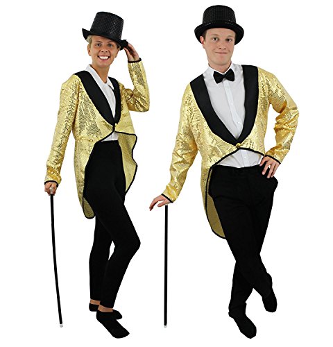 Unisex-Kostüm mit goldfarbenen Pailletten und schwarzen Pailletten, perfekt für jede Bühne, Tanzshow, Zirkus, Master, Cabaret, Größe L, Größe 46-48, Brustumfang bis 111,8 cm Unisex-Kostüm mit goldfarbenen Pailletten und schwarzen Pailletten, perfekt für jede Bühne, Tanzshow, Zirkus, Master, Cabaret, Größe L, Größe 46-48, Brustumfang bis 111,8 cm von I LOVE FANCY DRESS