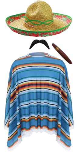 Unisex Mexikanischer Poncho & Grüner Sombrero Hut Kostüm - Mehrfarbiger Poncho Stroh Fiesta Hut Fake Schnurrbart Zigarre Lustige Verkleidung für Festivals, Partys, Fiestas & Junggesellenabschied Unisex Mexikanischer Poncho & Grüner Sombrero Hut Kostüm - Mehrfarbiger Poncho Stroh Fiesta Hut Fake Schnurrbart Zigarre Lustige Verkleidung für Festivals, Partys, Fiestas & Junggesellenabschied von I LOVE FANCY DRESS