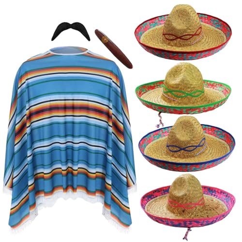 Unisex Mexikanischer Poncho & Grüner Sombrero Hut Kostüm Set - Mehrfarbig Poncho Stroh Fiesta Hut Fake Schnurrbart Zigarre Lustige Verkleidung für Festivals, Partys, Fiestas & Junggesellenabschied Unisex Mexikanischer Poncho & Grüner Sombrero Hut Kostüm Set - Mehrfarbig Poncho Stroh Fiesta Hut Fake Schnurrbart Zigarre Lustige Verkleidung für Festivals, Partys, Fiestas & Junggesellenabschied von I LOVE FANCY DRESS