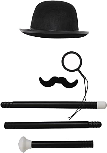 Unisex Old Fashion Viktorianisches Zubehör-Set – schwarze Bowlerhut, Monokel, falsche lockige Fase und Gehstock Unisex Old Fashion Viktorianisches Zubehör-Set – schwarze Bowlerhut, Monokel, falsche lockige Fase und Gehstock von I LOVE FANCY DRESS
