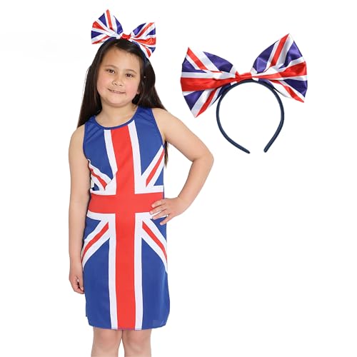 VE Day Kinderkleid und Stirnband mit Union Jack, Größe S, Union Jack-Kleid und Haarreif, perfekt für die Krönung der Könige, britische Veranstaltungen und andere Kostümveranstaltungen von I LOVE FANCY DRESS