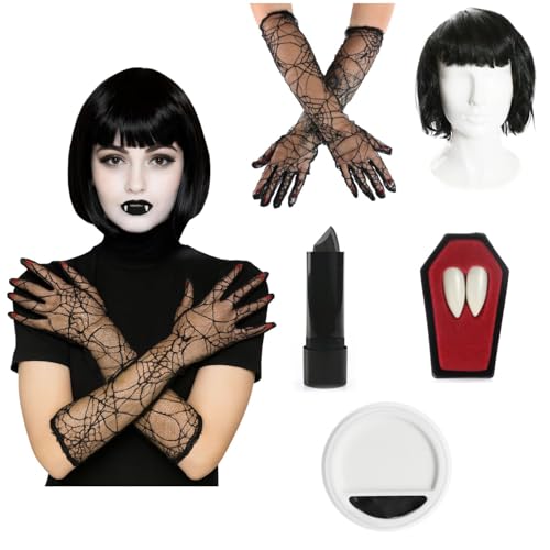 Vampir-Accessoire für Damen, schwarze Bob-Perücke, Spinnennetz-Handschuhe, Vampirzähne, schwarzer Lippenstift, Gesichtsfarbe – Erwachsene und Damen, TV-Film-Kostüm-Zubehör-Set Vampir-Accessoire für Damen, schwarze Bob-Perücke, Spinnennetz-Handschuhe, Vampirzähne, schwarzer Lippenstift, Gesichtsfarbe – Erwachsene und Damen, TV-Film-Kostüm-Zubehör-Set von I LOVE FANCY DRESS