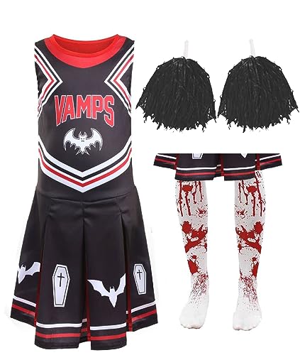 Vampir-Cheerleader-Kostüm für Mädchen, 7/9 Jahre, schwarzes Kleid mit Pompons und Strumpfhosen, Kinder-Kostüm Vampir-Cheerleader-Kostüm für Mädchen, 7/9 Jahre, schwarzes Kleid mit Pompons und Strumpfhosen, Kinder-Kostüm von I LOVE FANCY DRESS