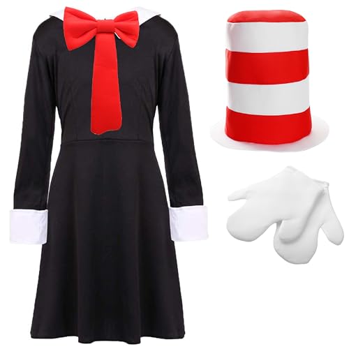 Verrücktes Katzenkostüm für Mädchen, Größe XL, schwarz-weißes Kleid, rote Fliege, rot und weiß gestreifter Hut, weiße Handschuhe – Kinderwelttag Buchwoche, Kostüm, rote Fliege Verrücktes Katzenkostüm für Mädchen, Größe XL, schwarz-weißes Kleid, rote Fliege, rot und weiß gestreifter Hut, weiße Handschuhe – Kinderwelttag Buchwoche, Kostüm, rote Fliege von I LOVE FANCY DRESS