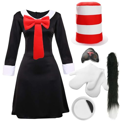 Verrücktes Katzenkostüm für Mädchen, Größe XL, schwarzes Kleid, rote Fliege, rot und weiß gestreifter Hut, weiße Handschuhe, Katzenschwanz, Katzennase, Gesichtsfarbe – Kinderweltbuchtag, Buchwoche Verrücktes Katzenkostüm für Mädchen, Größe XL, schwarzes Kleid, rote Fliege, rot und weiß gestreifter Hut, weiße Handschuhe, Katzenschwanz, Katzennase, Gesichtsfarbe – Kinderweltbuchtag, Buchwoche von I LOVE FANCY DRESS