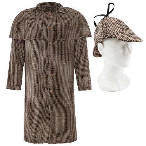 Viktorianisches Detektiv-Kostüm für Herren, Standard, brauner Hahnentritt-Umhang mit Knopfleiste und passender Deerstalker-Mütze, klassisches Ermittler-Weltbuchtag-Kostüm für Erwachsene Viktorianisches Detektiv-Kostüm für Herren, Standard, brauner Hahnentritt-Umhang mit Knopfleiste und passender Deerstalker-Mütze, klassisches Ermittler-Weltbuchtag-Kostüm für Erwachsene von I LOVE FANCY DRESS