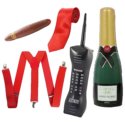 Wall Street Wolf Zubehör-Set für Erwachsene, rote Krawatte, rote Hosenträger, Kunststoff-Zigarre, aufblasbares Telefon und aufblasbare Champagnerflasche, perfekt für amerikanische Ikone oder von I LOVE FANCY DRESS