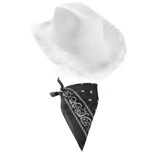 Weißer Cowgirl-Hut mit Marabu-Pelzbesatz und passendem Bandana - Western-Kostüm-Set für Junggesellinnenabschiede, Festivals, Rodeo-Outfits und Kostümzubehör Weißer Cowgirl-Hut mit Marabu-Pelzbesatz und passendem Bandana - Western-Kostüm-Set für Junggesellinnenabschiede, Festivals, Rodeo-Outfits und Kostümzubehör von I LOVE FANCY DRESS
