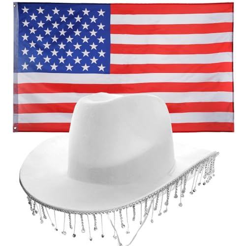 Weißer Diamante Cowboyhut & USA-Flagge Set - Amerikanisches Kostümzubehör für Country-Musik, 4. Juli, Western & Festival Partys Weißer Diamante Cowboyhut & USA-Flagge Set - Amerikanisches Kostümzubehör für Country-Musik, 4. Juli, Western & Festival Partys von I LOVE FANCY DRESS