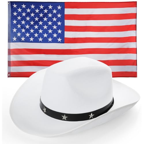 Weißer Stern Nieten Cowboyhut & USA Flagge Set - Amerikanische Verkleidung Kostüm Zubehör für Western, Country, 4. Juli, Rodeo & Party Themen Weißer Stern Nieten Cowboyhut & USA Flagge Set - Amerikanische Verkleidung Kostüm Zubehör für Western, Country, 4. Juli, Rodeo & Party Themen von I LOVE FANCY DRESS