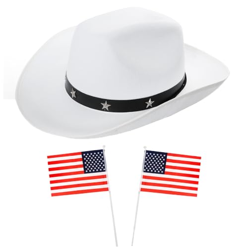Weißer Stern Nieten Cowboyhut & USA Handflagge Set - Amerikanisches Kostümzubehör für 4. Juli, Westernpartys, Paraden & Country-Musikveranstaltungen Weißer Stern Nieten Cowboyhut & USA Handflagge Set - Amerikanisches Kostümzubehör für 4. Juli, Westernpartys, Paraden & Country-Musikveranstaltungen von I LOVE FANCY DRESS