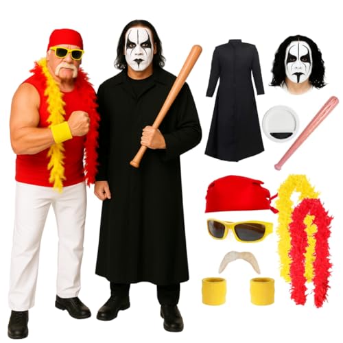 Wrestler Duo Kostüm Set für Erwachsene, 80er-Jahre, XL-Staubwedeljacke, Gesichtsbemalung & aufblasbarer Fledermaus, plus rotes Bandana, gelbe Brille, blonder Schnurrbart & rot-gelbe Boa Wrestler Duo Kostüm Set für Erwachsene, 80er-Jahre, XL-Staubwedeljacke, Gesichtsbemalung & aufblasbarer Fledermaus, plus rotes Bandana, gelbe Brille, blonder Schnurrbart & rot-gelbe Boa von I LOVE FANCY DRESS