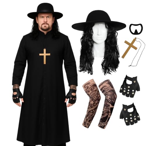 Wrestler-Kostüm für Erwachsene, Größe XL, schwarze Staubjacke, gekräuselte Perücke, Hut, Tattoo-Ärmel, Nietenhandschuhe, goldfarbenes Kreuz, schwarzer Ziegenbart – Erwachsenen-Wrestling-Kostüm Wrestler-Kostüm für Erwachsene, Größe XL, schwarze Staubjacke, gekräuselte Perücke, Hut, Tattoo-Ärmel, Nietenhandschuhe, goldfarbenes Kreuz, schwarzer Ziegenbart – Erwachsenen-Wrestling-Kostüm von I LOVE FANCY DRESS