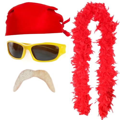 Wrestler-Zubehör-Set für Erwachsene, rotes Bandana, gelbe Sonnenbrille, blonder Schnurrbart, rote Federboa – lustiges Promi-Kostüm-Zubehör-Set für Herren und Damen Wrestler-Zubehör-Set für Erwachsene, rotes Bandana, gelbe Sonnenbrille, blonder Schnurrbart, rote Federboa – lustiges Promi-Kostüm-Zubehör-Set für Herren und Damen von I LOVE FANCY DRESS