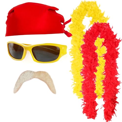 Wrestler-Zubehör-Set für Erwachsene, rotes Bandana, gelbe Sonnenbrille, blonder Schnurrbart, rote und gelbe Federboas, lustiges Promi-Kostüm-Zubehör-Set für Herren und Damen von I LOVE FANCY DRESS