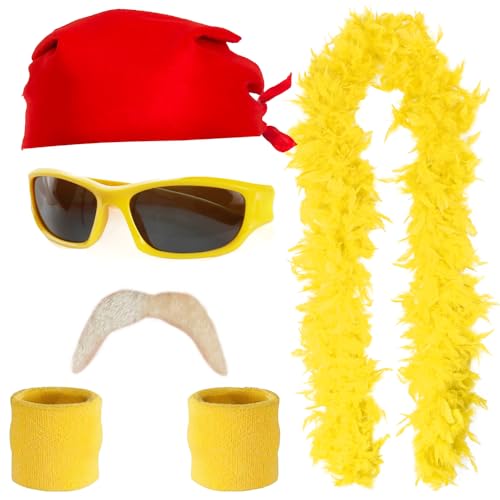Wrestler-Zubehör-Set für Erwachsene, rotes Bandana, gelbe Sonnenbrille und Schweißbänder, blonder Schnurrbart, gelbe Federboa – lustiges Promi-Kostüm-Zubehör-Set für Herren und Damen Wrestler-Zubehör-Set für Erwachsene, rotes Bandana, gelbe Sonnenbrille und Schweißbänder, blonder Schnurrbart, gelbe Federboa – lustiges Promi-Kostüm-Zubehör-Set für Herren und Damen von I LOVE FANCY DRESS