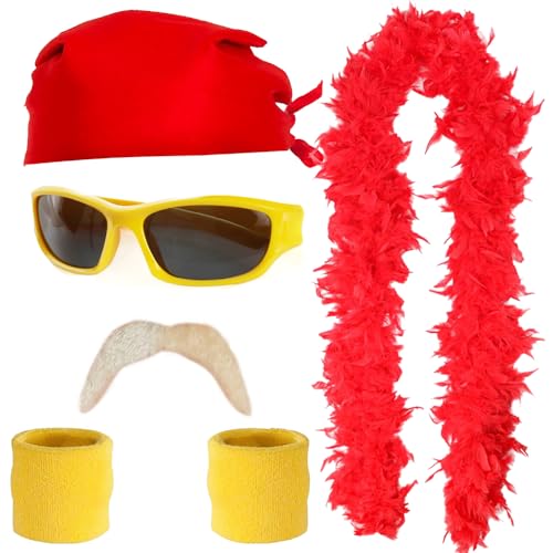 Wrestler-Zubehör-Set für Erwachsene, rotes Bandana, gelbe Sonnenbrille und Schweißbänder, blonder Schnurrbart, rote Federboa – lustiges Promi-Kostüm-Zubehör-Set für Herren und Damen Wrestler-Zubehör-Set für Erwachsene, rotes Bandana, gelbe Sonnenbrille und Schweißbänder, blonder Schnurrbart, rote Federboa – lustiges Promi-Kostüm-Zubehör-Set für Herren und Damen von I LOVE FANCY DRESS