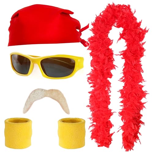 Wrestler-Zubehör-Set für Erwachsene, rotes Bandana, gelbe Sonnenbrille und Schweißbänder, blonder Schnurrbart, rote Federboa – lustiges Promi-Kostüm-Zubehör-Set für Herren und Damen von I LOVE FANCY DRESS