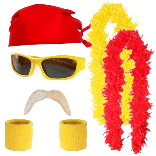 Wrestler-Zubehör-Set für Erwachsene, rotes Bandana, gelbe Sonnenbrille und Schweißbänder, blonder Schnurrbart, rote und gelbe Federboas, lustiges Promi-Kostüm-Zubehör-Set für Herren und Damen Wrestler-Zubehör-Set für Erwachsene, rotes Bandana, gelbe Sonnenbrille und Schweißbänder, blonder Schnurrbart, rote und gelbe Federboas, lustiges Promi-Kostüm-Zubehör-Set für Herren und Damen von I LOVE FANCY DRESS