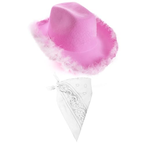 X12 Helllila rosa Cowgirl-Hut mit Marabu-Besatz und passendem Bandana - Western-Kostüm-Set für Junggesellinnenabschiede, Festivals, Rodeo-Outfits und Kostümzubehör von I LOVE FANCY DRESS