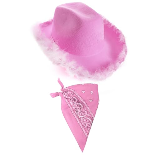 X3 Helllila rosa Cowgirl-Hut mit Marabu-Besatz und rosa Bandana - Western Verkleidung Set für Junggesellinnenabschiede, Festivals, Rodeo Outfits und Kostümzubehör X3 Helllila rosa Cowgirl-Hut mit Marabu-Besatz und rosa Bandana - Western Verkleidung Set für Junggesellinnenabschiede, Festivals, Rodeo Outfits und Kostümzubehör von I LOVE FANCY DRESS