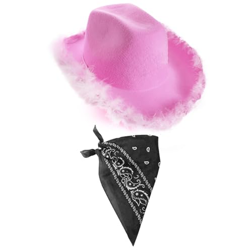 X3 Helllila rosa Cowgirl-Hut mit Marabu-Besatz und schwarzem Bandana - Western-Kostüm-Set für Junggesellinnenabschiede, Festivals, Rodeo-Outfits und Kostümzubehör X3 Helllila rosa Cowgirl-Hut mit Marabu-Besatz und schwarzem Bandana - Western-Kostüm-Set für Junggesellinnenabschiede, Festivals, Rodeo-Outfits und Kostümzubehör von I LOVE FANCY DRESS