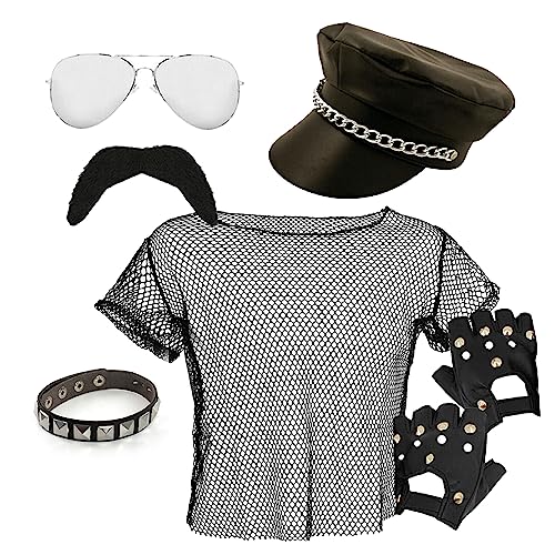 YMCA 70er Jahre Macho Man Zubehör Set - Klein - Schwarzes Mesh Top Biker Hut Sonnenbrille Nieten Armband Fingerlose Handschuhe - Erwachsene Gay Biker Kostüm von I LOVE FANCY DRESS