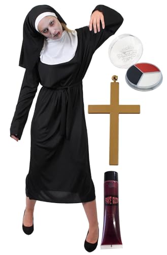 ZOMBIE NONNE KOSTÜM FÜR DAMEN, GOLD KREUZ FAKE BLOOD UND FACEPAINT IDEAL FÜR HALLOWEEN-ZOMBIE-KOSTÜM KLEID IN DEN GRÖSSEN S-XL von I LOVE FANCY DRESS