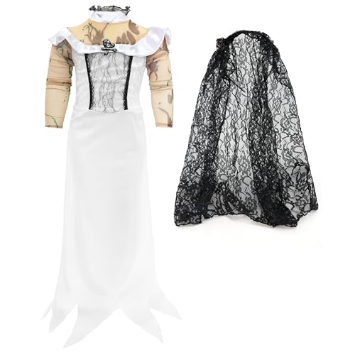 Zombie-Braut-Kostüm für Mädchen, Größe S, weißes Kleid mit Spitzenverzierungen und Zombie-Haut-Ärmeln, schwarzer Schleier, Kinderkostüm für Halloween, TV-Film Zombie-Braut-Kostüm für Mädchen, Größe S, weißes Kleid mit Spitzenverzierungen und Zombie-Haut-Ärmeln, schwarzer Schleier, Kinderkostüm für Halloween, TV-Film von I LOVE FANCY DRESS