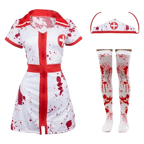 Zombie-Krankenschwester-Kostüm für Damen, Größe XXL, Krankenschwester-Kleid mit Hut, blutbefleckte Strümpfe, blutiges Halloween-Kostüm für Erwachsene Zombie-Krankenschwester-Kostüm für Damen, Größe XXL, Krankenschwester-Kleid mit Hut, blutbefleckte Strümpfe, blutiges Halloween-Kostüm für Erwachsene von I LOVE FANCY DRESS