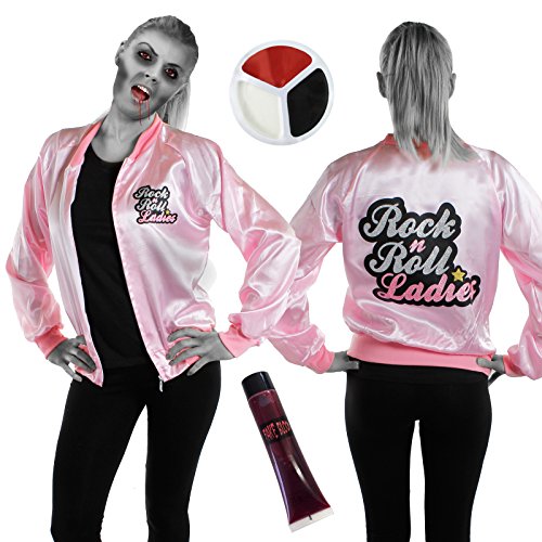Zombie Rock n Roll Damen rosa Jacke + falsches Blut + rot schwarz und weiß Gesichtsbemalung Halloween Kostüm Perfektes High School Halloween Kostüm 1950er 50er Jahre Größe: XL - UK 18-20 Zombie Rock n Roll Damen rosa Jacke + falsches Blut + rot schwarz und weiß Gesichtsbemalung Halloween Kostüm Perfektes High School Halloween Kostüm 1950er 50er Jahre Größe: XL - UK 18-20 von I LOVE FANCY DRESS