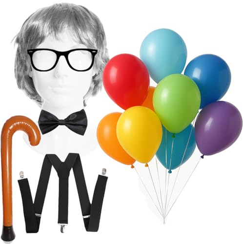 Zubehör-Set "Grumpy Old Man" – Enthält Perücke, Brille, weiße Augenbrauen, Hosenträger, aufblasbarer Gehstock und Luftballons – ideal für den Welttag des Buches, Halloween, Fasching & Cosplay-Events von I LOVE FANCY DRESS