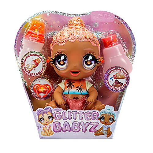 Glitter Babyz Solana Sunburst Baby Puppe - Mit 3 magischen Farbwechseln, pinken Haaren und einem tropischen Outfit - Inklusive Windel, Flasche und Schnuller - Sammelspielzeug für Kinder ab 3 Jahren von MGA Entertainment