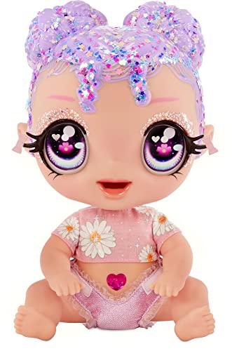 MGA Glitter Babyz - LILA WILDBLOOM - Babypuppe mit 3 magischen Farbwechseln durch eiskaltes Wasser - mit lila Glitzer-Haar, Wildblumen-Outfit, Windel, Flasche und Schnuller - Für Kinder ab 3 Jahren von Glitter Babyz