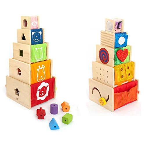 I'm Toy 108871 Multi-Spielkisten-5 stapelbare Holzkistchen mit vielen Möglichkeiten die sensorischen Fähigkeiten zu fördern von I'm Toy