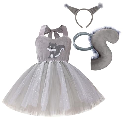 IBAKOM Halloween Kostüm Kinder Eichhörnchen Elefantenkostüm Tüllkleid Tiere Rollenspiel Stirnband Schwanz Fliege Cosplay Outfit für Fasching Karneval Eichhörnchen-Grau 1-2 Jahre von IBAKOM
