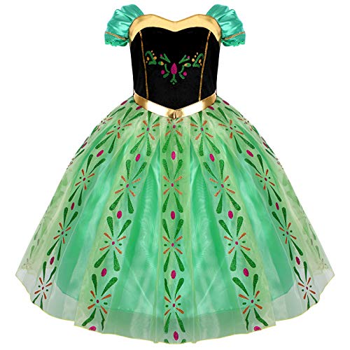 IBAKOM Kinder Mädchen Prinzessin Anna Kostüm Fee Königin Karneval Halloween Cosplay Weihnachtsfeier Festival Party Kleid Grün 2 (ohne Zubehör) 3-4 Jahre von IBAKOM