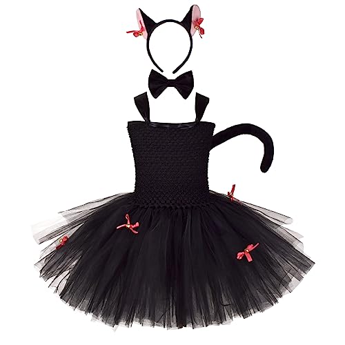 IBAKOM Tier Kostüm für Kinder Mädchen Halloween Cosplay Verkleidung Katze Kätzchen Karneval Fasching Tüll Tutu Kleid Schwanz Kostüm Set Schwarz+Rosa 11-12 Jahre von IBAKOM