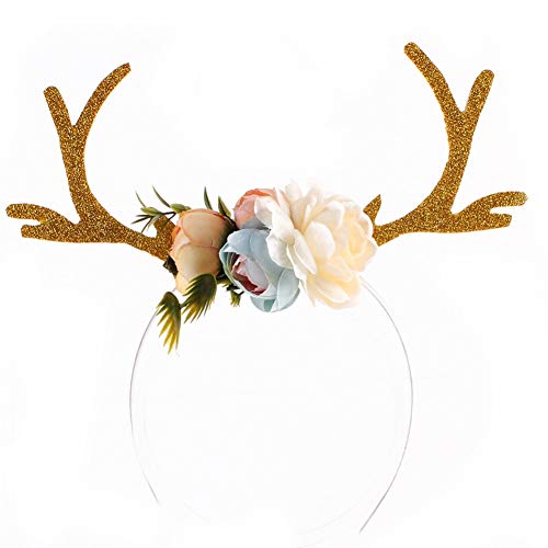IBLUELOVER Weihnachten Stirnband Rentier Haarreif Simulation Blumen Haarband Geweih Kopfschmuck mit Hirsche Haarnadel Cosplay Headwear Party Haarspange Kostüm Zubehör für Kinder Erwachsene Mädchen von IBLUELOVER