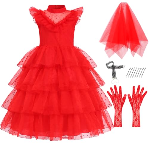 IBQ BQ045S Rotes Hochzeitskleid für Mädchen – Halloween-Kostüme – Horrorkomödie Charakter – Kostüm-Outfit mit Schleier und Handschuhen von IBQ