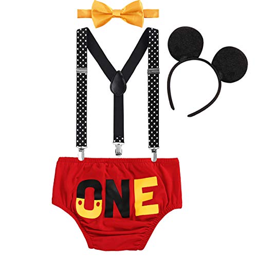 Baby Mickey Mouse 1./2./3. Geburtstag Halloween Kostüm Outfit Unterhose+Fliege+Y-Form Hosenträger+Maus Ohren 4pcs Bekleidungssets Fotoshooting Kostüm für Unisex Jungen Mädchen 0093 Rot 12-18 Monate von IBTOM CASTLE