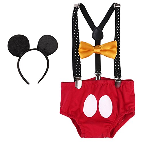 Baby Mickey Mouse 1./2./3. Geburtstag Halloween Kostüm Outfit Unterhose+Fliege+Y-Form Hosenträger+Maus Ohren 4pcs Bekleidungssets Fotoshooting Kostüm für Unisex Jungen Mädchen 0094 Rot 6-12 Monate von IBTOM CASTLE