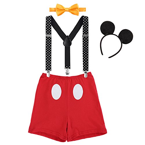 Baby Mickey Mouse 1./2./3. Geburtstag Halloween Kostüm Outfit Unterhose+Fliege+Y-Form Hosenträger+Maus Ohren 4pcs Bekleidungssets Fotoshooting Kostüm für Unisex Jungen Mädchen 0099 Rot 2-3 Jahre von IBTOM CASTLE