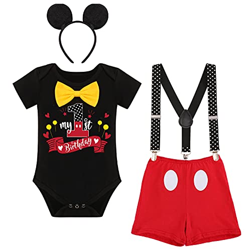 Erster Geburtstag Gentleman Outfit für Baby Junge Cake Smash Mickey Mouse Fancy Dress Up Kostüm Strampler Windelhülle Hosenträger Fliege Party Kleidung Set für Fotoshooting Schwarz 6-12 Monate von IBTOM CASTLE