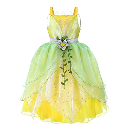 Feenkostüm Kinder Mädchen Kinder Feenkostüm Tinkerbell Prinzessin Grün Maxi Fee Kleid mit Schmettelingflüge Set Halloween Cosplay Fasching Karneval Ankleiden Geburtstag Grün + Gelb - 1PC 8-9 Jahre von IBTOM CASTLE