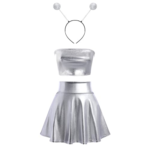 IBTOM CASTLE 3pcs Alien Kostüm Set Space Girl Cosplay Metallic Glitzer Outfits Damen Metallischer Faltenrock + Alien Stirnband + Metallic Oberste 80er Festival Rave Outfit Kostüm Set Silber01 S IBTOM CASTLE 3pcs Alien Kostüm Set Space Girl Cosplay Metallic Glitzer Outfits Damen Metallischer Faltenrock + Alien Stirnband + Metallic Oberste 80er Festival Rave Outfit Kostüm Set Silber01 S von IBTOM CASTLE