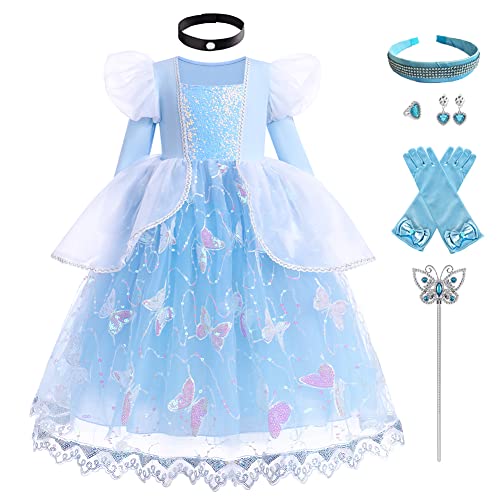 IBTOM CASTLE Cinderella Kleid Mädchen Kinder Aschenputtel Prinzessinenkleid Kostüm Karneval Faschingskostüm Lang Ballkleid Cosplay Party Halloween Langarm Festkleid+Zubehör Blau-Langarm 6-7 Jahre von IBTOM CASTLE