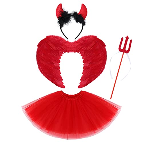 IBTOM CASTLE Dämonen Kostüm Kinder Mädchen, Engle und Teufel Cosplay Kostüm Tüllrock mit Horn Pitchfork Rot Engle Flügel Set für Halloween Karneval Party Rot Teufel(4pcs 2-12 Jahre von IBTOM CASTLE