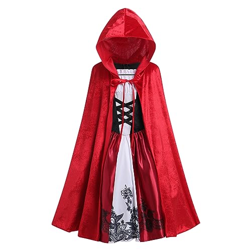 IBTOM CASTLE Kinder Mädchen Halloween Kostüm ärmellos rot Floral Print Ruffle Prinzessin Kleid mit Kapuze Cape 2Pcs Festival Fairytale Cosplay Dress up Outfit Rot 9-10 Jahre von IBTOM CASTLE